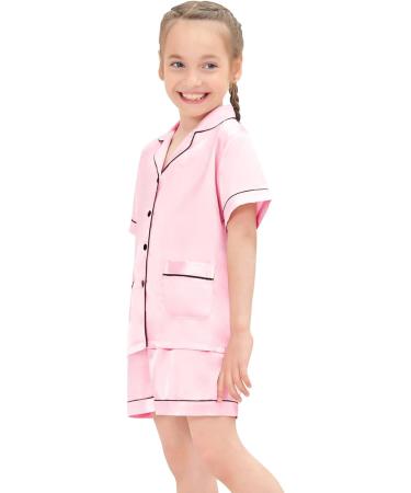 SWOMOG Kids Satin Pyjamas Set - Button-Down Silk Pjs Short Sleeve Lounge Set - 10-11 Years - Pink - Buy Online on SooperMarket.com