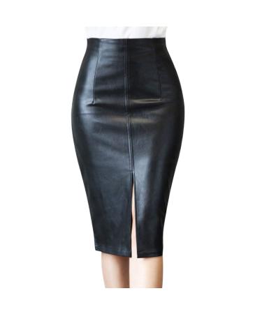 Sanahy Women's Faux Leather Skirt High Waisted Stretch Split Lady's Half Body Midi Hip Skirt Bodycon Skirt Slim Fit Pencil Skirt 3XL Black
