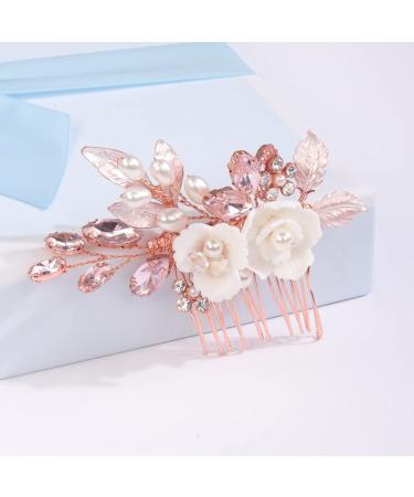 Missgrace Bride Wedding Crystal Pearl Leaf Rhinestones Hair Comb - Rose Gold Pink - Buy Online on SooperMarket.com