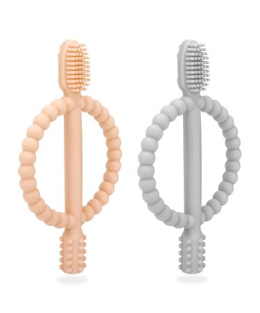 Baby biting toys 2 pieces of children's toothbrush toothing aid bite ring made of silicone BPA-free stimulate and massage the wound gums from 3 months Peach Powder & Gray