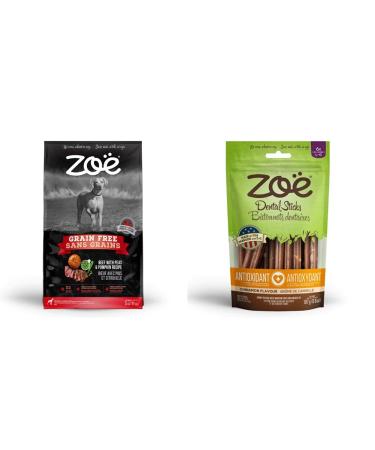 Zoe Grain Free Dog Food (Beef with Peas & Pumpkin 5 kg) and Zoe Dental Sticks (Antioxidant Cinnamon Flavor 6.6 oz) | Dog Food Bundle