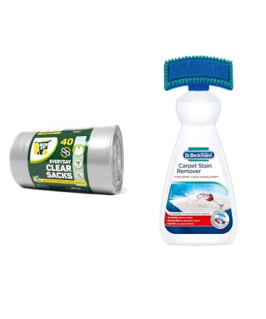 BIN IT 40 Clear Large 70L Strong & Secure Tie Top Recycling Sacks Bin Bags Bin Liners & Dr. Beckmann Carpet Stain Remover | Removes New and Dried-in Stains | Includes Applicator Brush + Carpet Stain Remover 650ml