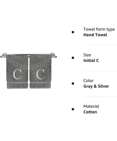 Monogrammed Hand Towel Set of 2 - Personalized Gift - Silver Block Letter Embroidered - 100% Turkish Cotton - Extra Absorbent - Initial C Gray & Silver - Buy Online on SooperMarket.com