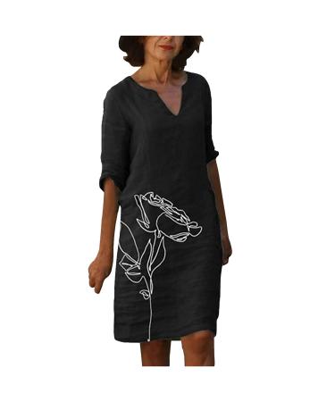 Casual Summer Dress for Women,Vintage Cotton Linen Print Knee-Length Dress Loose V-Neck Half Sleeve Shift Midi Dress Black Large