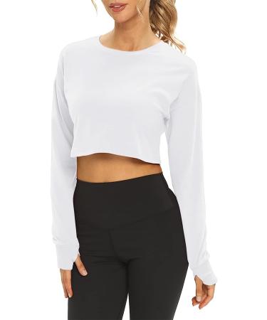 Mippo Long Sleeve Crop Top - Women's White Workout Athletic Gym Shirt - Buy Online on SooperMarket.com
