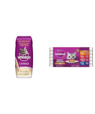 WHISKAS Catmilk Kitten & Cat Treats 200ml (24 Pack) & Perfect Portions Adult Wet Cat Food - Chicken Beef Whitefish and Tuna Salmon 75g Trays (24 pack) Cat Treats + Cat Food