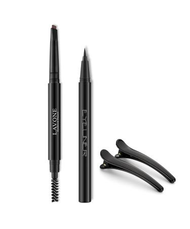 Eyebrow Pencil and Eyeliner Makeup Kit Makeup Brow Kit with Waterproof Dark Brown Brow Pencil Black Liquid Eyeliner with Hiar Clips Dark brown eyebrow pencil +Black Eyeliner