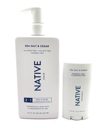 Full & Thick Sea Salt & Cedar 2 in 1 Shampoo & Conditioner (16.5 oz) and Deodorant (2.65 oz) Set by Native