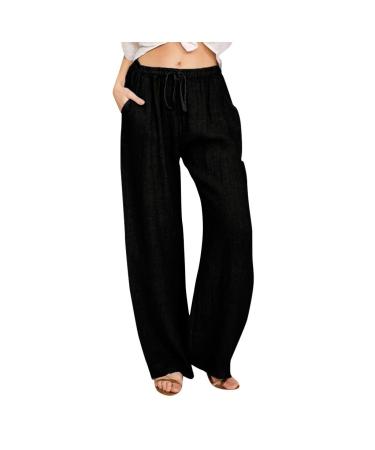Ronony pants women single-colored trousers made of cotton and linen with cord strain and loose beach pants yoga training pants with wide leg long pants jogging pants high waist sports pants long sweatos m 1#black