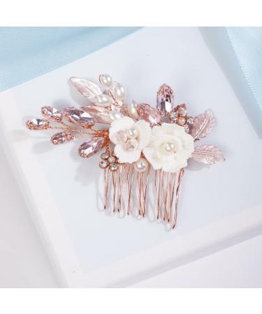 Missgrace Bride Wedding Crystal Pearl Leaf Rhinestones Hair Comb - Rose Gold Pink - Buy Online on SooperMarket.com