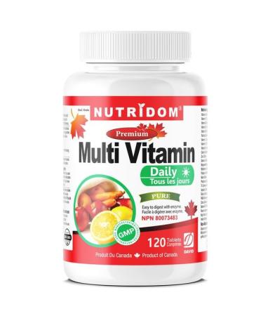 Nutridom Daily Multivitamin 120 Tablets Supplement with Vitamin A Vitamin C Vitamin D Vitamin E and Zinc for Immune Health Support B12 Calcium & more Easy to digest with enzyme Made in Canada Non-GMO by Nutridom
