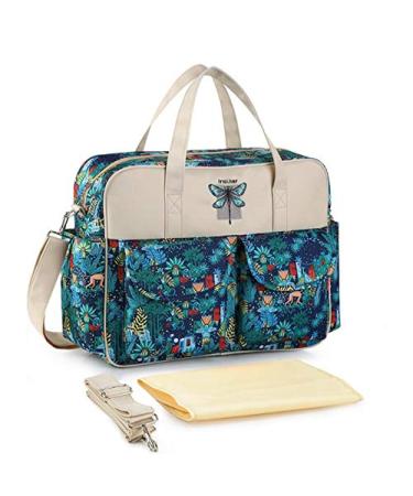 Multifunctional Waterproof Mummy Shoulder Bag Diaper Bag Chic Nappy Changing Bag Tote/Messenger Style Large Light Weight with Changing Mat Adjustable Straps (Forest Monkey)