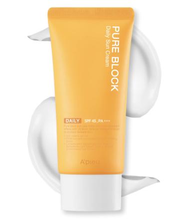 A'PIEU Pure Block Daily Sunscreen Cream SPF45/PA+++ 50ml | Non-Greasy No White Cast Reef Safe Korean Sunscreen for Daily Use Daily 1.69 Fl Oz (Pack of 1)