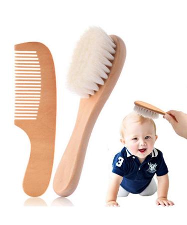 Baby Hair Brush and Comb Set  Newborns Toddlers Kids Natural Soft Goat Bristles Massage Comb Bath Brush with Wooden Handle