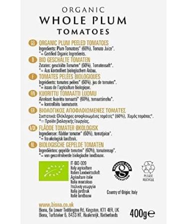 Biona Organic Whole Plum Peeled Tomatoes 400g - Pack of 1 | Quality Ingredients | Sustainable Packaging - Buy Online on SooperMarket.com