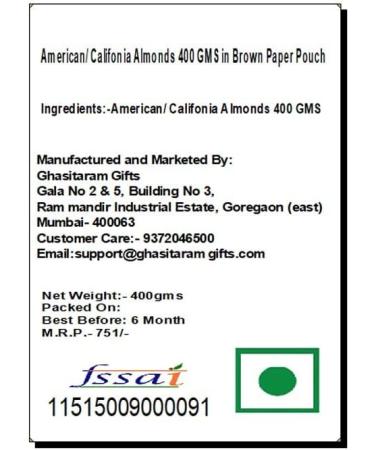 Jaiccha Ghasitaram American/ Califonia Almonds 400 GMS in Brown Paper Pouch - Buy Online on SooperMarket.com