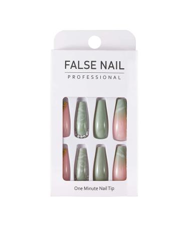 Brishow Coffin Artificial Nails - Long Pink Green Bellarina Acrylic Press-On Nails - 24pcs for Women & Girls | International Shipping - Buy Online on SooperMarket.com