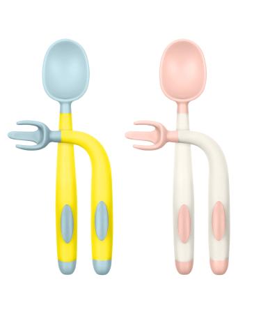 Vicloon Baby Utensils Spoon Fork Set 4pcs Baby Cutlery Feeding Set Toddler Utensils Spoons Forks Baby Fork and Spoon Set Easy Grip Bendable Perfect Self Feeding Spoon Fork (Pink-Yellow) Powder-blue