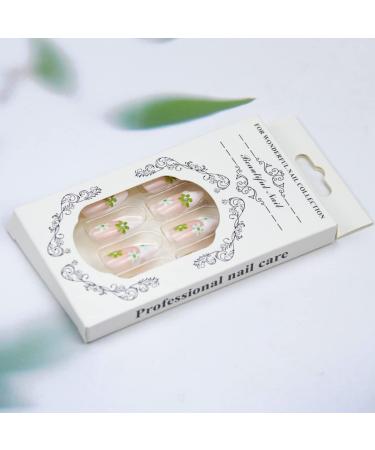 24PCS Medium Almond Glossy Flower Press On Nails - Green & White Spring Nail Decoration - Fake Nails with Glue - Women's Manicure - Buy Online on SooperMarket.com