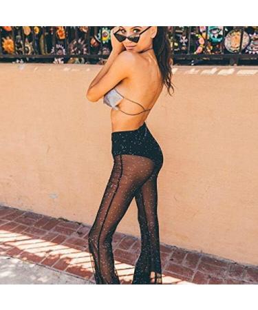Women's Mesh Sheer Flared Bell Bottom Pants - Medium Black | Dance Festival Clubwear - Buy Online on SooperMarket.com