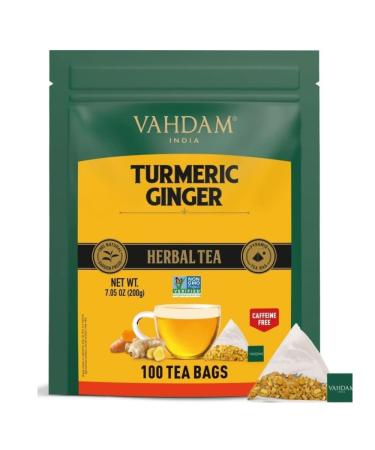 VAHDAM Turmeric Ginger Tea Bags (100 Pyramid Tea Bags) Caffeine Free Blend of 100% Real Spices - Turmeric Tea Ginger Tea | Powerful Superfood Herbal Tea Turmeric Ginger Herbal Tea