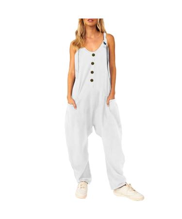 WILLBEST Womens Wrap Sleeveless Jumpsuits Playsuit Smocked Straps Fit And Flare Long Pant Jumper Rompers with Pockets 4022-oyvsw-white-3 S