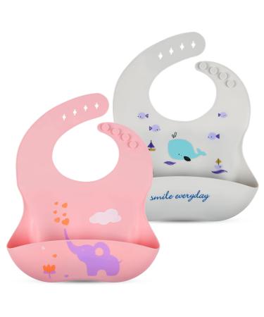 Vicloon Silicone Baby Bib 2PCS Baby Weaning Bibs Waterproof Baby Feeding Bibs Adjustable with Wide Food Catcher Pocket Unisex Toddler Bibs (Pink-Grey)
