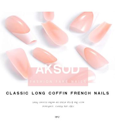 Aksod Long Coffin French Manicure Press on Nails Tips - Glossy Pink Fake Nails - 24Pcs Full Cover False Nails for Women and Girls - Buy Online on SooperMarket.com