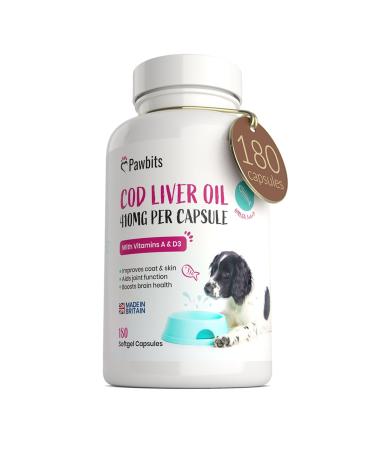 180 Cod Liver Oil Capsules for Dogs & Cats - (6 Months Supply) High Strength 410mg Gel Capsules to Support Joint Skin and Coat Health - UK Manufactured