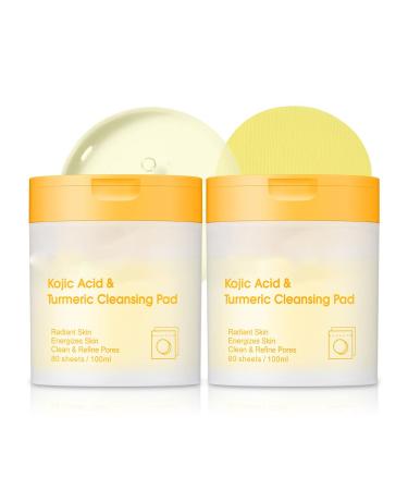 Kojic Acid Turmeric Cleansing Pads Kojic Turmeric Face Pads for Skin Repair Pore Shrinking Dark Spot Fading Smooth & Soft Skin Oil Control 80 Pads (2)