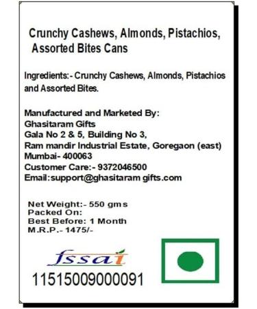 Jaiccha Ghasitaram Crunchy Cashews Almonds Pistachios Assorted Bites Cans|Gift for Diwali Gifts Holi Rakhi Valentine Christmas Birthday Anniversary Her Him| Cashews Almonds Pistachios Assorted Bites Cans - Buy Online on SooperMarket.com
