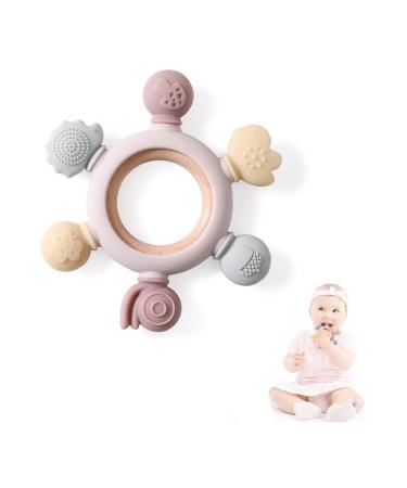 Bopoobo Baby Teething Toys Silicone Teether Toys for Babies 3-6 Months Babies Silicone Rudder with Wooden Ring Soothe Babies Gums Teething Toy Montessori Baby Chew Toys for 6-12 Months (Pink) wooden rings