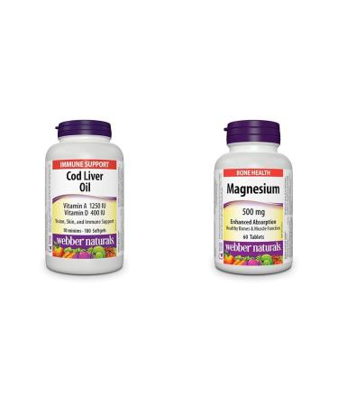 Webber Naturals Cod Liver Oil with Vitamin A and D3 180 Softgels Vision Skin and Immune Support & Magnesium 500 mg 60 Tablets Enhanced Absorption Mineral Supports Bone and Muscle Vitamin + Magnesium 500 mg