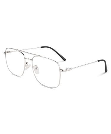 GQUEEN Pilot Style Fake Glasses Without Prescription Women Men Retro Metal Frame UV400 2 Silver