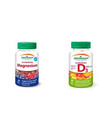 Jamieson Magnesium Gummies (Cranberry Grape Flavour) and Vitamin D3 1 000 IU Gummies (Orange Strawberry Lemon Flavour) | 60 Count Each