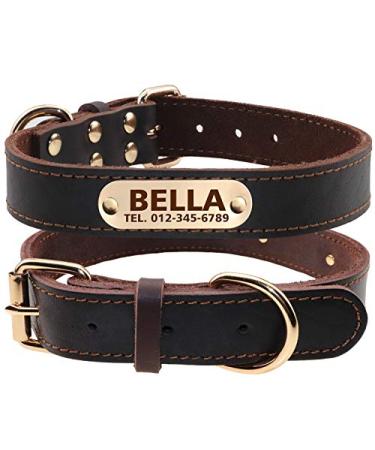 Tagme personalized dog collar made of leather with engraved name and telephone number/dog collar made of real leather for medium and large dogs/brown L (1 Pack) brown