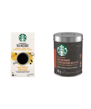 Starbucks Via Instant True North Blend Blonde Roast Coffee 8 Count & Medium Roast Premium Instant Coffee 90 g