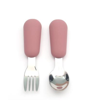 Alimos Stainless Steel Toddler Feeding Spoon and Fork Set with Round Handle for Feeding Children's Safe Cutlery Kids Utensils (Rose Dawn)