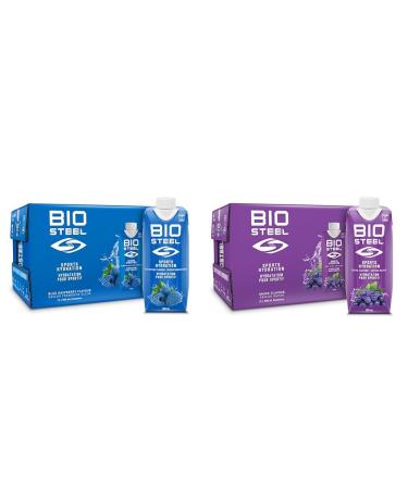BioSteel Sports Drink Great Tasting Hydration with 5 Essential Electrolytes Blue Raspberry Flavour 16.7 Fluid Ounces 12-Pack & Drink Great Tasting Hydration with 5 Essential Electrolytes (Grape)