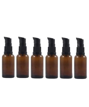 6PCS 30ml/1oz Amber Glass Lotion Bottles Empty Refillable Cosmetic Makeup Travel Size Pump Dispenser Container Jars for Aromatherapy Essential Oils Skincare Toiletries