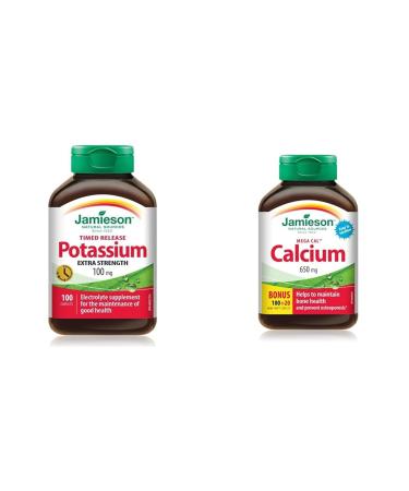 Jamieson Potassium 100mg 100 Caplets & MegaCal Calcium 650mg 100+20 Tablets Mineral Supplement+ Calcium 650mg