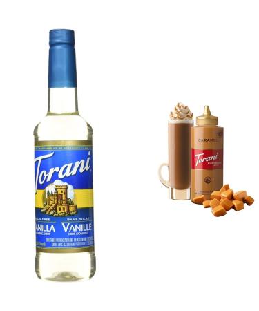 Torani Sugar Free Vanilla Syrup PET Bottle 750 milliliters & Caramel Squeeze Sauce 16.5 Fluid Ounce