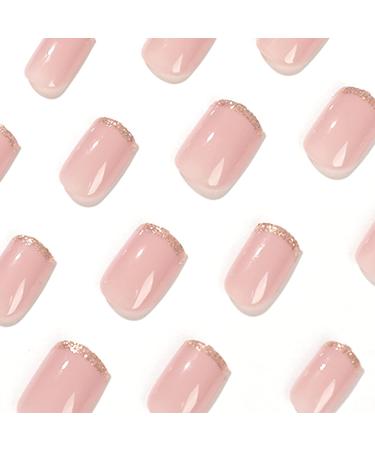 French Gold Glitter Short Square Press on Nails - 24Pcs Acrylic Full Cover Glossy Nude Tips for Women and Girls - Buy Online on SooperMarket.com