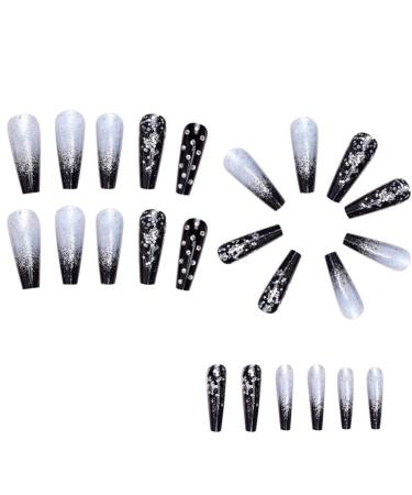 sunroot Black Gradient Applique Diamond False Nails Long Coffin Nail Tips Detachable Press on Nails Glitter Diamond Nails Nail Art