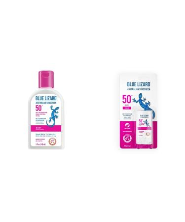 Blue Lizard Baby Mineral Sunscreen - 5 Fl Oz - Bottle & Mineral Sunscreen Stick with Zinc Oxide SPF 50+ Water Resistant UVAUVB Protection Easy to Apply Fragrance Free.5 oz, Baby, Unscented, 0.5 Ounce Mineral Sunscreen + Sunscreen Stick