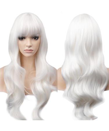 YEESHEDO 28" 70 cm Long Wavy Curly Hair Cosplay White Wigs with Fringe for Women Heat Resistant Synthetic Wig for Halloween Party Costume Anime Snow White