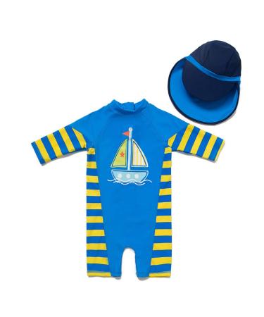upandfast Baby Boy Swimwear Infant One Piece Zip Swimsuit UPF 50+ Sun Protection Toddler Bathing Suit with Sun Hat 6-9 Months Sailboat