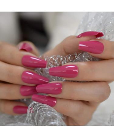 Dark Rose Pink Coffin False Nail Tips - 24pcs Glossy Acrylic Press On UV Fake Nails | Salon-Quality Full Cover with Glue Sticker | L5578 - Buy Online on SooperMarket.com