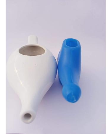Qimacplus Leak Proof Neti Pot Hold 230 Ml Ceramic and 150 Ml Plastic Water Comfortable Grip | Dishwasher Safe Friendly Natural Treatment for Sinus and Congestion White and Blue - Buy Online on SooperMarket.com