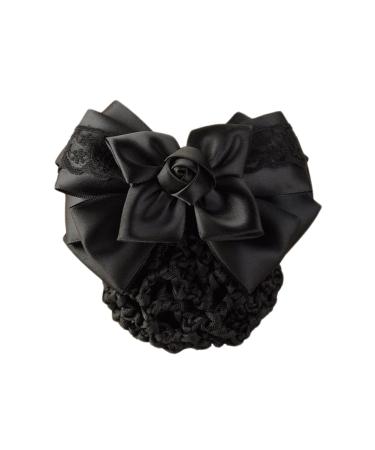 Women's hair node cover mesh hair network bow decoration satin loop hair clip French hair clip flowers hair accessories for stewardess banks hotels restaurant employee (black)